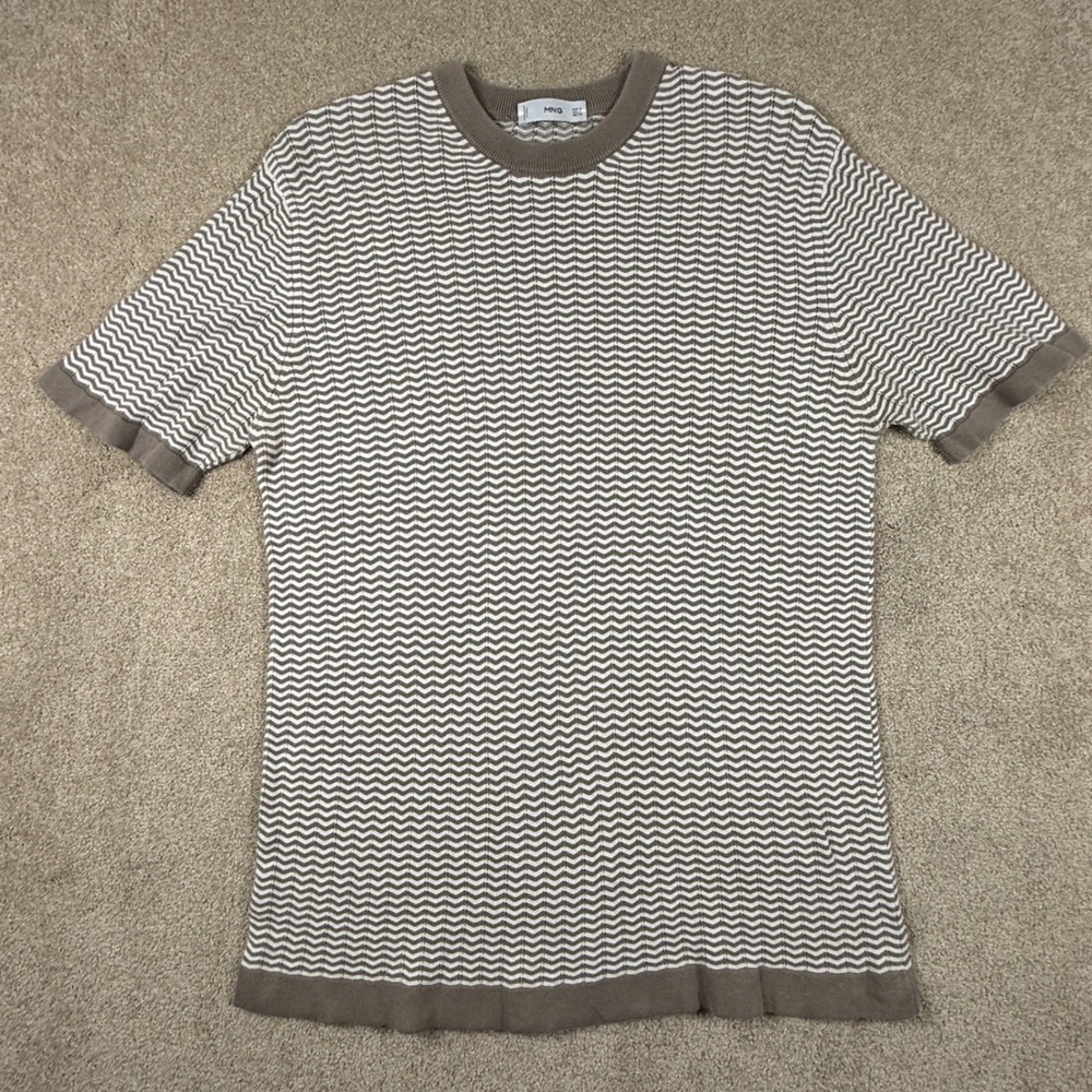 MNG Mango Brown White Chevron Knit Short Sleeve Sweater Top Size M